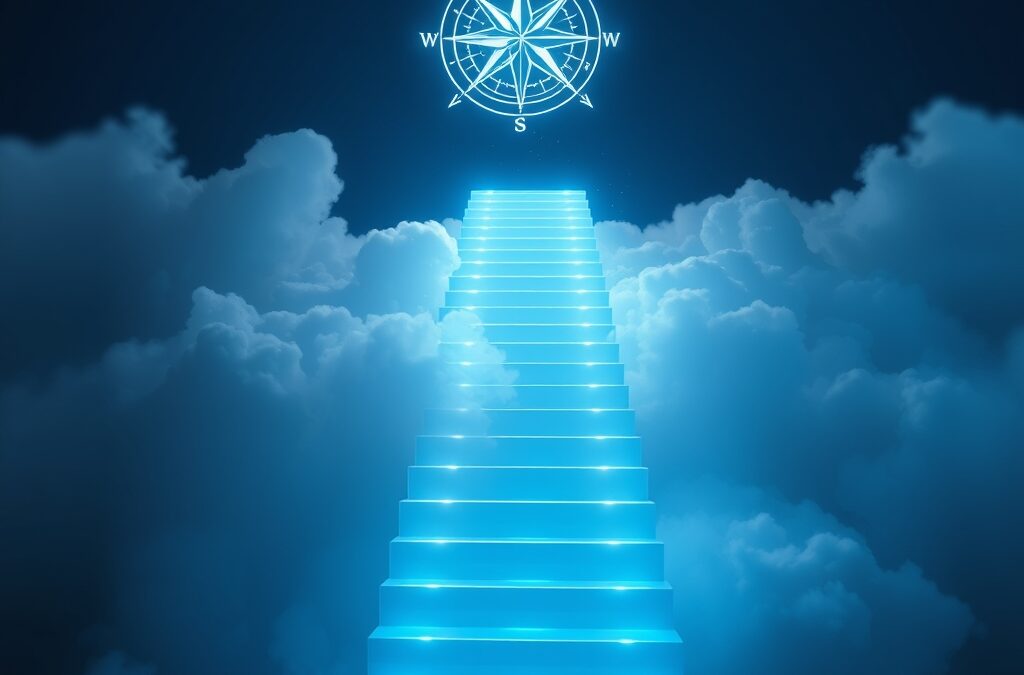 luminous ascending staircase made of glowing blue light steps leading upward through clouds of data particles, compass rose hologram floating beside the stairs, cinematic editorial photography, sky blue and white color palette with subtle amber accents on dark navy background, subject in upper two thirds with gradient below, ethereal volumetric lighting, no text, no letters, no words, no writing, no signs, no labels, no watermarks, no logos, no typography, no numbers on surfaces