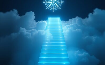 luminous ascending staircase made of glowing blue light steps leading upward through clouds of data particles, compass rose hologram floating beside the stairs, cinematic editorial photography, sky blue and white color palette with subtle amber accents on dark navy background, subject in upper two thirds with gradient below, ethereal volumetric lighting, no text, no letters, no words, no writing, no signs, no labels, no watermarks, no logos, no typography, no numbers on surfaces