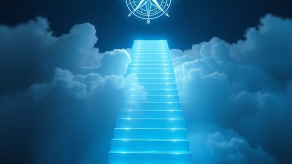 luminous ascending staircase made of glowing blue light steps leading upward through clouds of data particles, compass rose hologram floating beside the stairs, cinematic editorial photography, sky blue and white color palette with subtle amber accents on dark navy background, subject in upper two thirds with gradient below, ethereal volumetric lighting, no text, no letters, no words, no writing, no signs, no labels, no watermarks, no logos, no typography, no numbers on surfaces