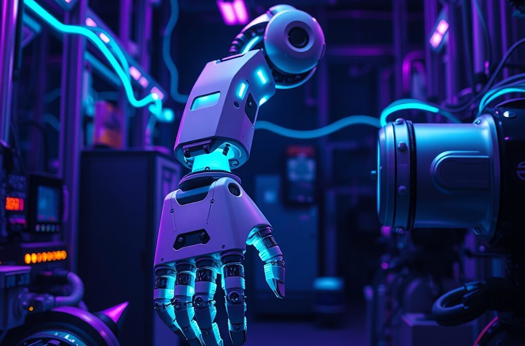 Industrial robotic arm in a futuristic factory environment with glowing cyan neon neural network connections flowing between machines, purple and violet ambient lighting, macro circuit board textures on metallic surfaces, cinematic editorial photography, dark navy background with dramatic side lighting, subject positioned in upper two-thirds with gradient fade at bottom, no text, no letters, no words, no writing, no signs, no labels, no watermarks, no logos, no typography, no numbers on surfaces