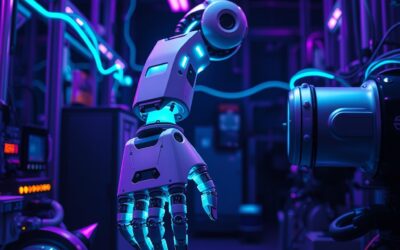 Industrial robotic arm in a futuristic factory environment with glowing cyan neon neural network connections flowing between machines, purple and violet ambient lighting, macro circuit board textures on metallic surfaces, cinematic editorial photography, dark navy background with dramatic side lighting, subject positioned in upper two-thirds with gradient fade at bottom, no text, no letters, no words, no writing, no signs, no labels, no watermarks, no logos, no typography, no numbers on surfaces