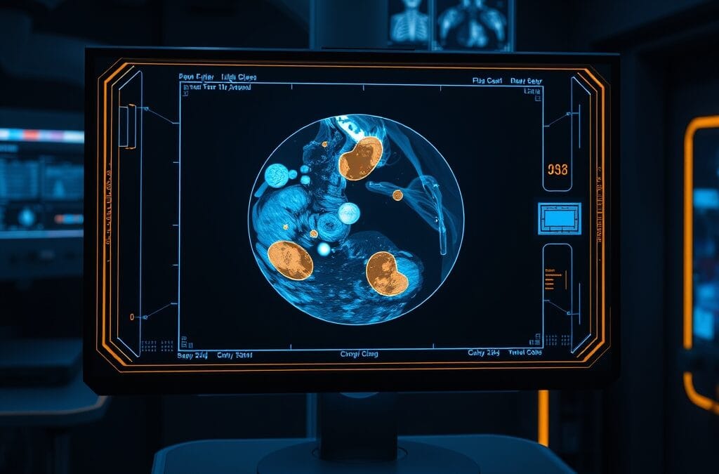 Illustration IA : écran médical holographique avec détection IA du cancer du sein