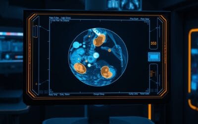 Illustration IA : écran médical holographique avec détection IA du cancer du sein