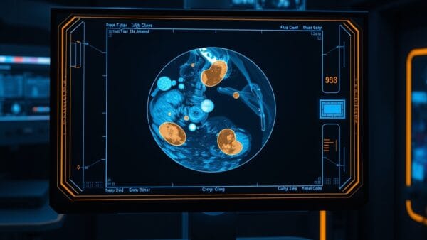 Illustration IA : écran médical holographique avec détection IA du cancer du sein