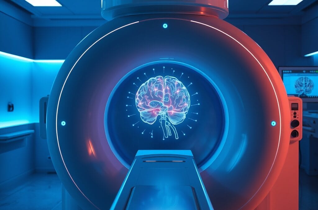 Illustration IA : scanner cérébral holographique représentant le cadre IA de Trump