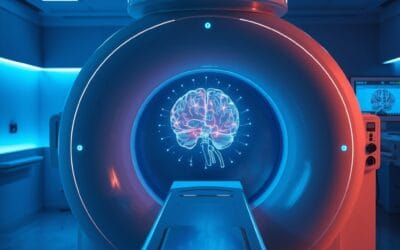 Illustration IA : scanner cérébral holographique représentant le cadre IA de Trump