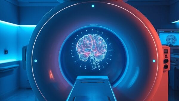 Illustration IA : scanner cérébral holographique représentant le cadre IA de Trump