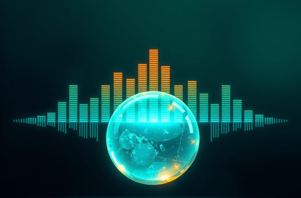 holographic floating music equalizer bars and sound waves emanating from a glowing crystal orb, cinematic editorial photography, emerald green and electric blue color palette with amber accents on dark navy background, subject centered in upper two thirds with soft gradient below, dramatic volumetric lighting, shallow depth of field, no text, no letters, no words, no writing, no signs, no labels, no watermarks, no logos, no typography, no numbers on surfaces