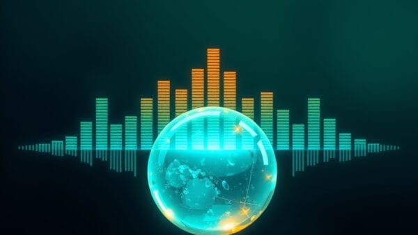 holographic floating music equalizer bars and sound waves emanating from a glowing crystal orb, cinematic editorial photography, emerald green and electric blue color palette with amber accents on dark navy background, subject centered in upper two thirds with soft gradient below, dramatic volumetric lighting, shallow depth of field, no text, no letters, no words, no writing, no signs, no labels, no watermarks, no logos, no typography, no numbers on surfaces