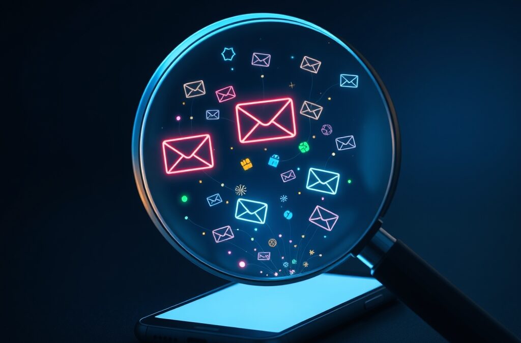 A giant transparent magnifying glass hovering over a glowing smartphone screen, inside the lens a kaleidoscope of personal data symbols floating like colorful particles — email envelopes, photo frames, video play buttons — all connected by thin luminous threads, dark navy background with Google brand blue and green accents, cinematic editorial photography, subject in upper two thirds, dramatic backlit glow, no text, no letters, no words, no writing, no signs, no labels, no watermarks, no logos, no typography, no numbers on surfaces