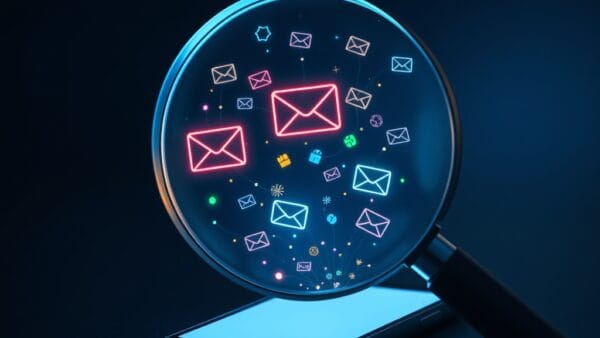 A giant transparent magnifying glass hovering over a glowing smartphone screen, inside the lens a kaleidoscope of personal data symbols floating like colorful particles — email envelopes, photo frames, video play buttons — all connected by thin luminous threads, dark navy background with Google brand blue and green accents, cinematic editorial photography, subject in upper two thirds, dramatic backlit glow, no text, no letters, no words, no writing, no signs, no labels, no watermarks, no logos, no typography, no numbers on surfaces