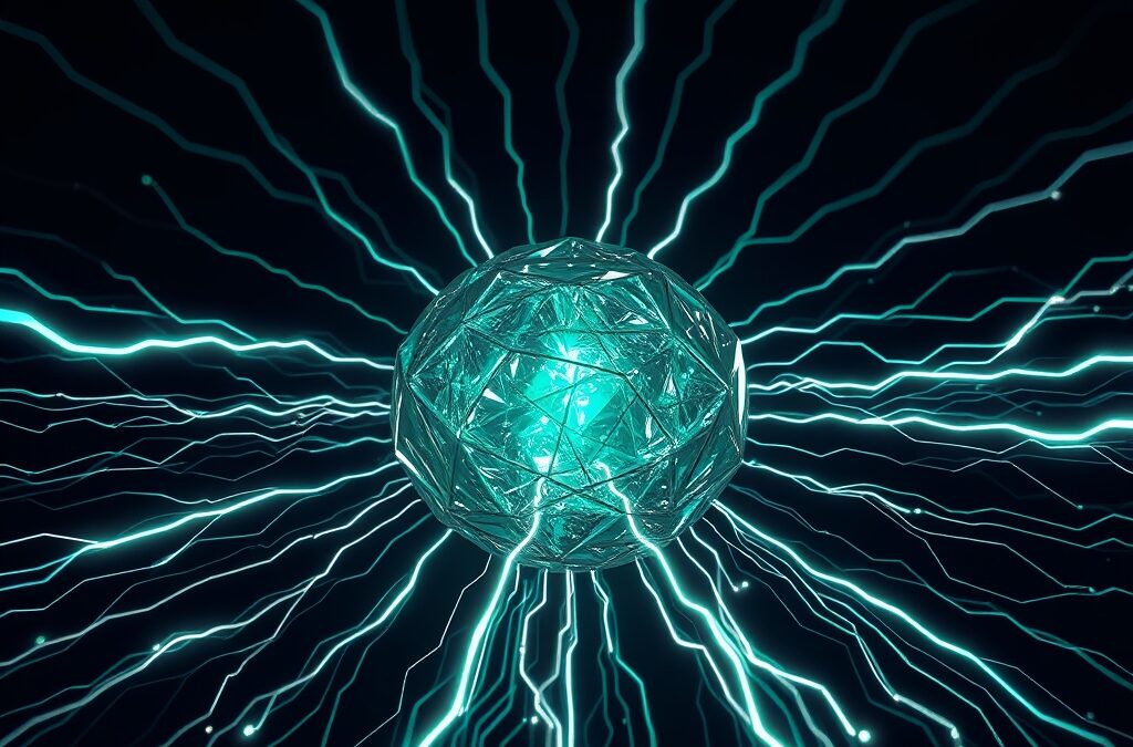 Massive crystalline neural processor core radiating chains of luminous reasoning paths outward like branching lightning, emerald accent on dark navy background with clean white key light from above, geometric data flow patterns orbiting the central core, minimalist tech composition with photographic lens flare and shallow depth of field, no text no letters no words no characters no symbols no watermark