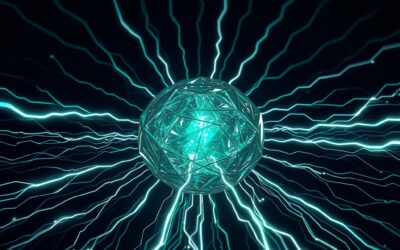 Massive crystalline neural processor core radiating chains of luminous reasoning paths outward like branching lightning, emerald accent on dark navy background with clean white key light from above, geometric data flow patterns orbiting the central core, minimalist tech composition with photographic lens flare and shallow depth of field, no text no letters no words no characters no symbols no watermark