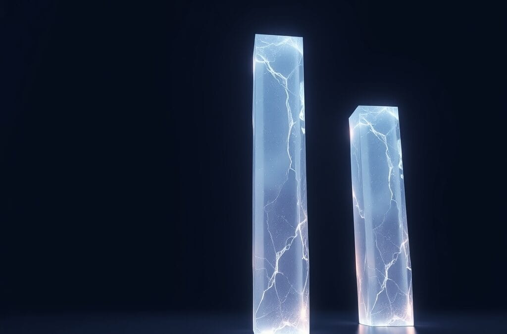 three luminous pillars of different heights representing AI model comparison, abstract crystalline structures in navy blue space, cinematic editorial photography, no text no letters no words no writing no signs no labels no watermarks no logos no typography no numbers on surfaces