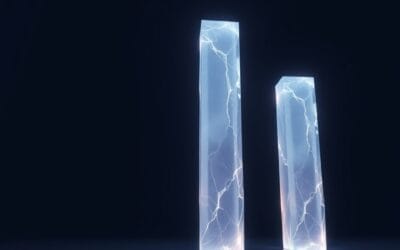 three luminous pillars of different heights representing AI model comparison, abstract crystalline structures in navy blue space, cinematic editorial photography, no text no letters no words no writing no signs no labels no watermarks no logos no typography no numbers on surfaces