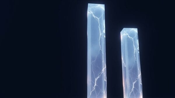 three luminous pillars of different heights representing AI model comparison, abstract crystalline structures in navy blue space, cinematic editorial photography, no text no letters no words no writing no signs no labels no watermarks no logos no typography no numbers on surfaces
