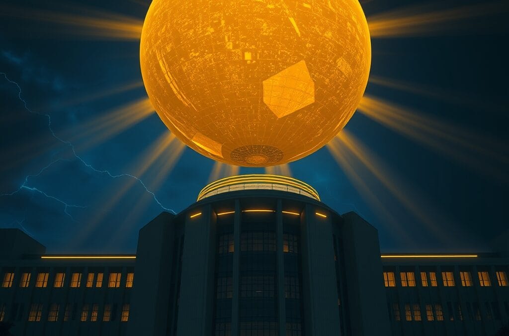 Illustration IA : orbe dorée au-dessus d'un bâtiment futuriste symbolisant GPT-5.4