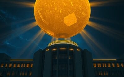 Illustration IA : orbe dorée au-dessus d'un bâtiment futuriste symbolisant GPT-5.4