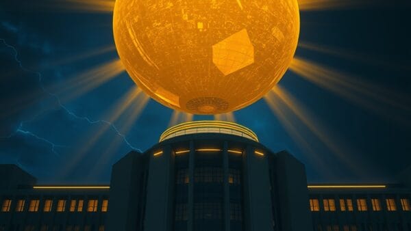 Illustration IA : orbe dorée au-dessus d'un bâtiment futuriste symbolisant GPT-5.4