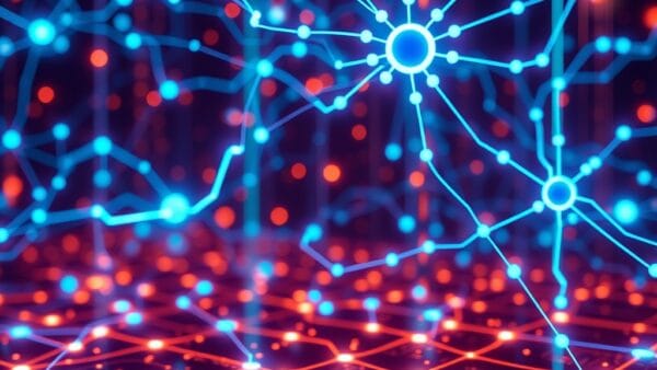 Vibrant digital interface with interconnected agent nodes, electric blue and cyan flows, futuristic AI network grid, sleek tech aesthetic, cinematic digital visualization, no text, no letters, no words, no writing, no signs, no labels, no watermarks, no logos, no typography, no numbers on surfaces