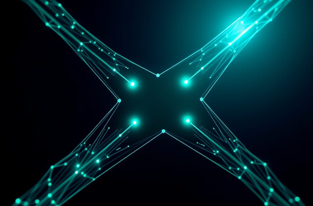 Four parallel luminous AI processing streams converging into a single synthesis point, emerald accent lighting on dark navy background, clean white key light illuminating the convergence node, geometric data flow patterns with glowing particle trails, minimalist tech composition with dramatic contrast, photographic macro lens perspective, no text no letters no words no characters no symbols no watermark