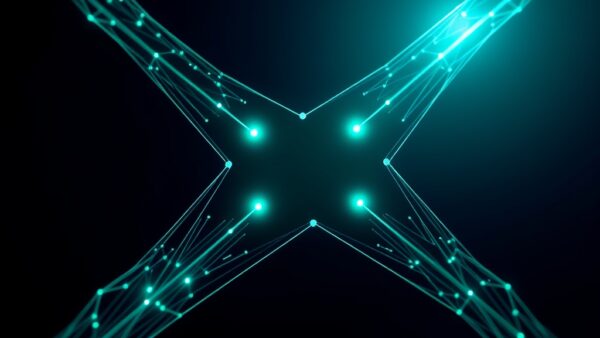 Four parallel luminous AI processing streams converging into a single synthesis point, emerald accent lighting on dark navy background, clean white key light illuminating the convergence node, geometric data flow patterns with glowing particle trails, minimalist tech composition with dramatic contrast, photographic macro lens perspective, no text no letters no words no characters no symbols no watermark