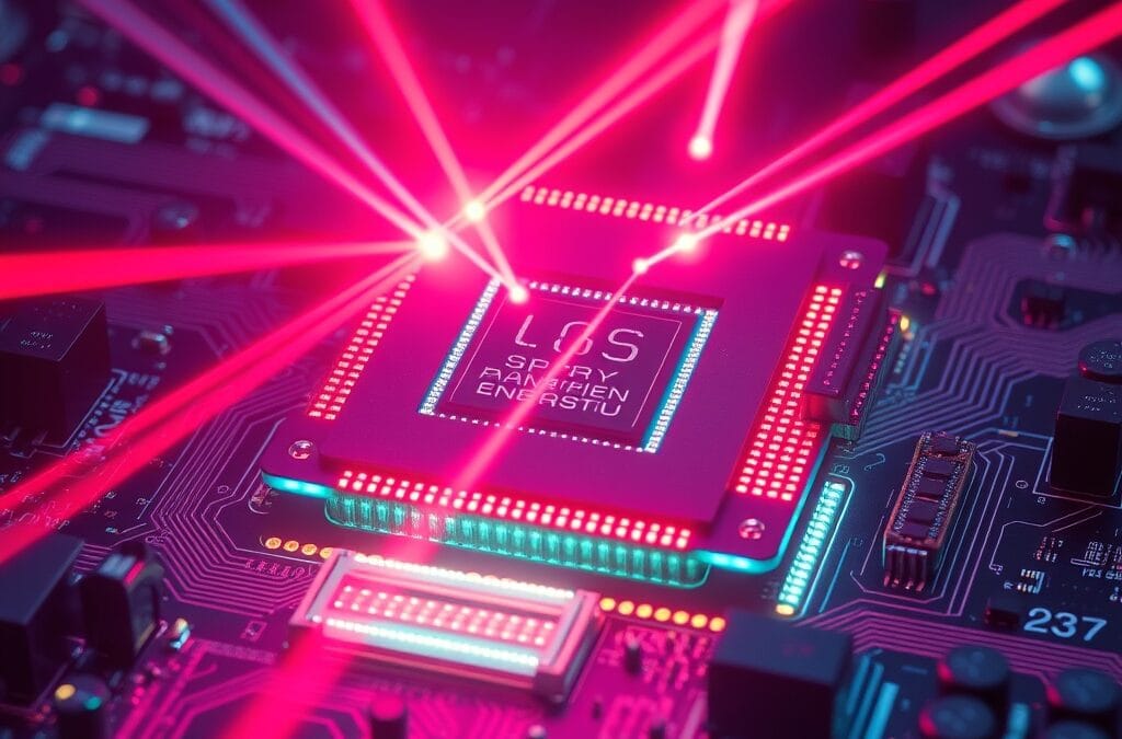macro shot of a massive glowing processor chip on a circuit board battlefield with competing laser beams from different directions, cinematic editorial photography, cyan neon red and violet palette, no text no letters no words no writing no signs no labels no watermarks no logos no typography no numbers on surfaces