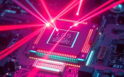 macro shot of a massive glowing processor chip on a circuit board battlefield with competing laser beams from different directions, cinematic editorial photography, cyan neon red and violet palette, no text no letters no words no writing no signs no labels no watermarks no logos no typography no numbers on surfaces