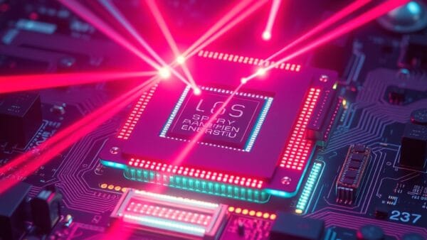 macro shot of a massive glowing processor chip on a circuit board battlefield with competing laser beams from different directions, cinematic editorial photography, cyan neon red and violet palette, no text no letters no words no writing no signs no labels no watermarks no logos no typography no numbers on surfaces