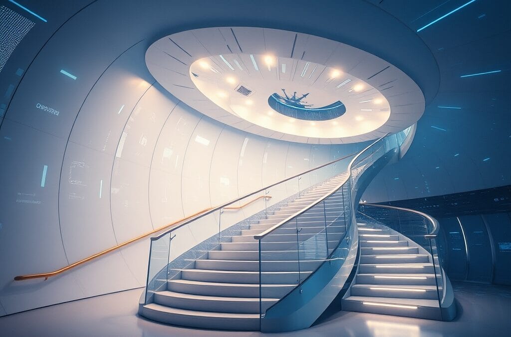 boussole high-tech tournante avec engrenages numériques en arrière-plan, trajectoires lumineuses bleues et blanches entrecroisées, cinematic editorial, escaliers d&rsquo;innovation ascendants, no text no letters no words no writing no signs no labels no watermarks no logos no typography no numbers on surfaces