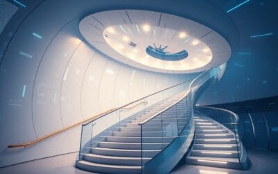 boussole high-tech tournante avec engrenages numériques en arrière-plan, trajectoires lumineuses bleues et blanches entrecroisées, cinematic editorial, escaliers d’innovation ascendants, no text no letters no words no writing no signs no labels no watermarks no logos no typography no numbers on surfaces