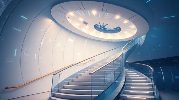 boussole high-tech tournante avec engrenages numériques en arrière-plan, trajectoires lumineuses bleues et blanches entrecroisées, cinematic editorial, escaliers d&rsquo;innovation ascendants, no text no letters no words no writing no signs no labels no watermarks no logos no typography no numbers on surfaces