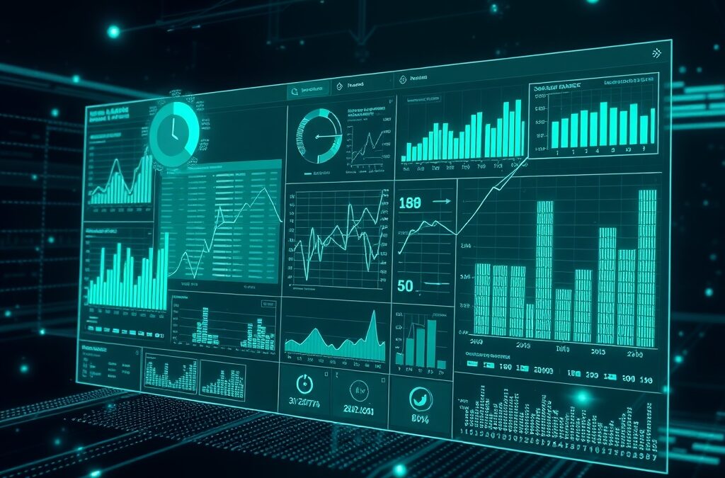 Futuristic data analytics holographic dashboard with AI charts and graphs floating in space, spreadsheet data transforming into visual insights, emerald green and electric blue color palette, abstract technology concept, cinematic lighting, no text no letters no words no writing, 4k quality