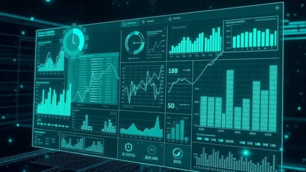 Futuristic data analytics holographic dashboard with AI charts and graphs floating in space, spreadsheet data transforming into visual insights, emerald green and electric blue color palette, abstract technology concept, cinematic lighting, no text no letters no words no writing, 4k quality