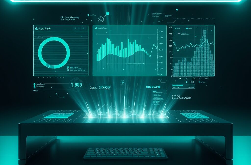holographic data visualizations and charts floating above a sleek desk with light beams connecting data points, cinematic editorial photography, emerald green and blue palette, no text no letters no words no writing no signs no labels no watermarks no logos no typography no numbers on surfaces