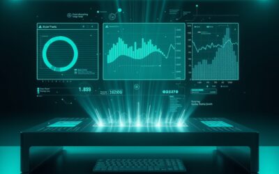 holographic data visualizations and charts floating above a sleek desk with light beams connecting data points, cinematic editorial photography, emerald green and blue palette, no text no letters no words no writing no signs no labels no watermarks no logos no typography no numbers on surfaces