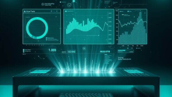 holographic data visualizations and charts floating above a sleek desk with light beams connecting data points, cinematic editorial photography, emerald green and blue palette, no text no letters no words no writing no signs no labels no watermarks no logos no typography no numbers on surfaces