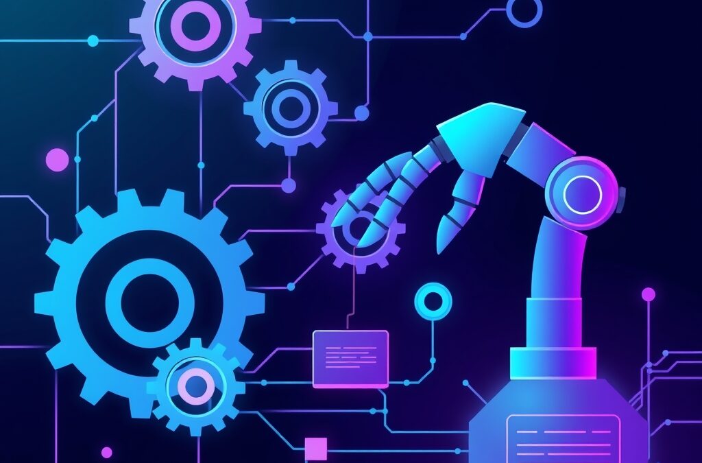 Abstract illustration of interconnected gears and flowing data streams forming an automated workflow pipeline, robotic arm orchestrating tasks, teal and purple color palette, dark background with neon accents, modern digital art style, clean composition no text no letters no words no numbers