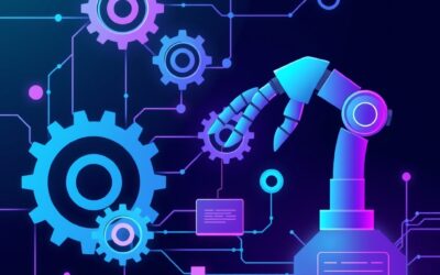Abstract illustration of interconnected gears and flowing data streams forming an automated workflow pipeline, robotic arm orchestrating tasks, teal and purple color palette, dark background with neon accents, modern digital art style, clean composition no text no letters no words no numbers