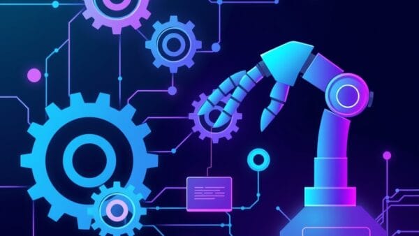 Abstract illustration of interconnected gears and flowing data streams forming an automated workflow pipeline, robotic arm orchestrating tasks, teal and purple color palette, dark background with neon accents, modern digital art style, clean composition no text no letters no words no numbers