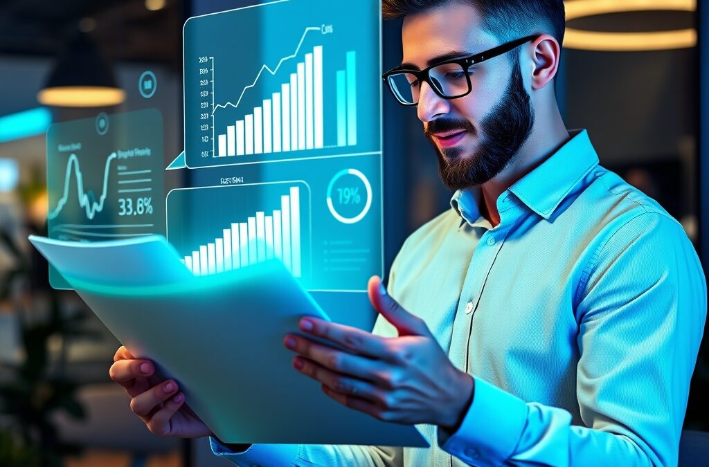 Entrepreneur reviewing holographic business plan with AI assistant, financial charts and growth projections floating in air, emerald green and electric blue ambient light, modern startup office, no text no letters no words no writing