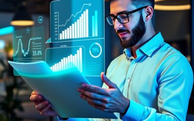 Entrepreneur reviewing holographic business plan with AI assistant, financial charts and growth projections floating in air, emerald green and electric blue ambient light, modern startup office, no text no letters no words no writing