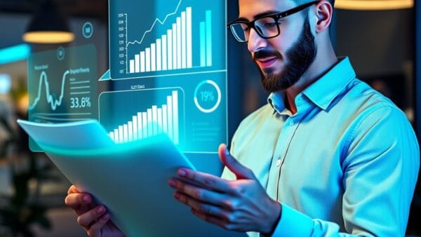 Entrepreneur reviewing holographic business plan with AI assistant, financial charts and growth projections floating in air, emerald green and electric blue ambient light, modern startup office, no text no letters no words no writing