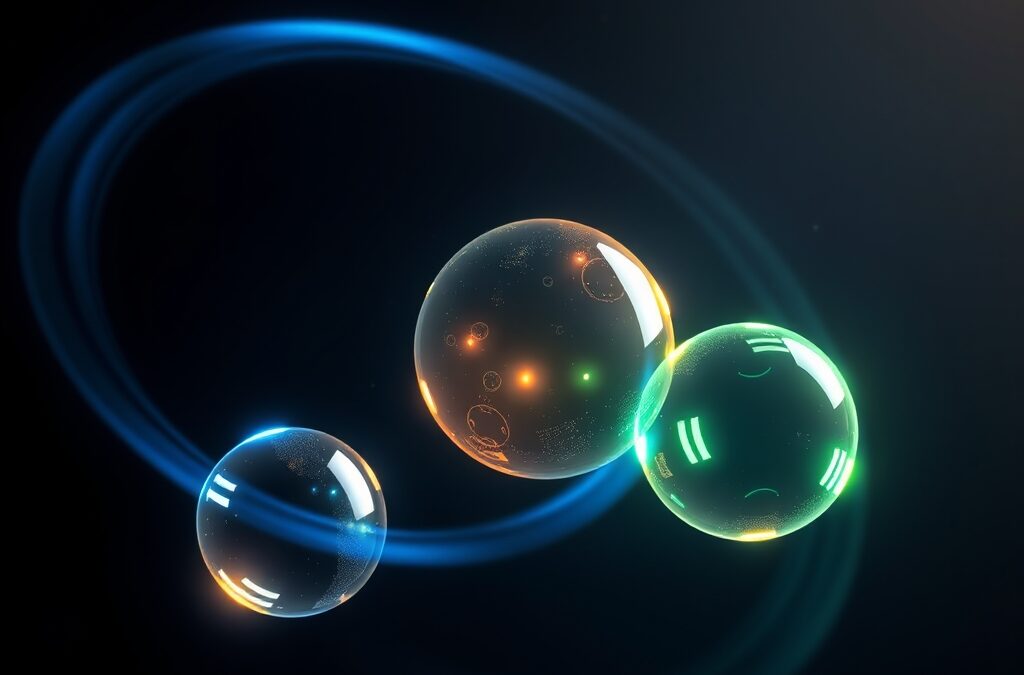 three glowing orbs of different colors blue gold and green orbiting each other in a cosmic space representing AI competition, cinematic editorial photography, dark navy with multicolor accents, no text no letters no words no writing no signs no labels no watermarks no logos no typography no numbers on surfaces