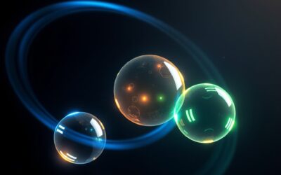 three glowing orbs of different colors blue gold and green orbiting each other in a cosmic space representing AI competition, cinematic editorial photography, dark navy with multicolor accents, no text no letters no words no writing no signs no labels no watermarks no logos no typography no numbers on surfaces