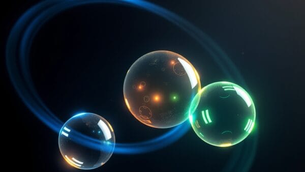 three glowing orbs of different colors blue gold and green orbiting each other in a cosmic space representing AI competition, cinematic editorial photography, dark navy with multicolor accents, no text no letters no words no writing no signs no labels no watermarks no logos no typography no numbers on surfaces