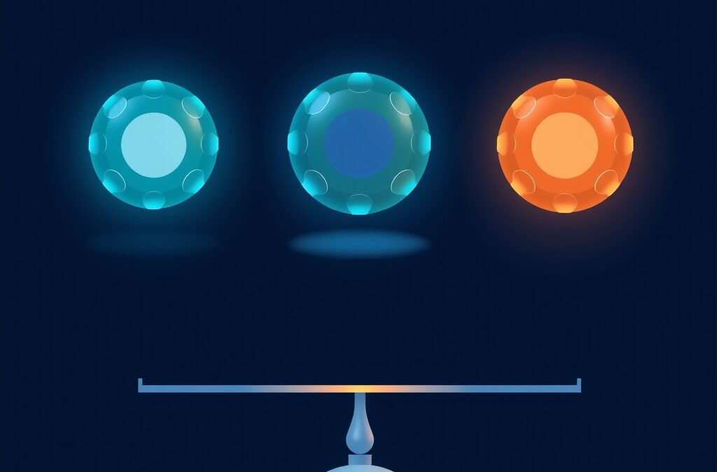Three abstract glowing orbs representing AI assistants side by side, one orange one teal one blue, floating above a comparison scale, digital technology concept, dark navy background with soft gradient, modern flat illustration style, clean composition no text no letters no words no numbers