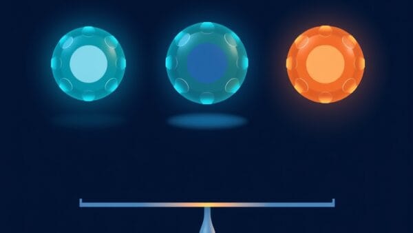 Three abstract glowing orbs representing AI assistants side by side, one orange one teal one blue, floating above a comparison scale, digital technology concept, dark navy background with soft gradient, modern flat illustration style, clean composition no text no letters no words no numbers