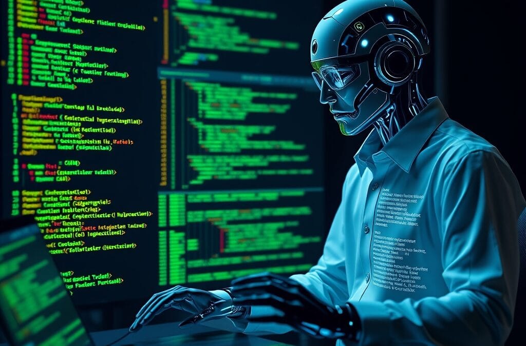 Developer coding with AI pair programmer, multiple holographic code editors with intelligent suggestions, futuristic IDE interface with emerald green and electric blue syntax highlighting, collaborative programming concept, no text no letters no words no writing