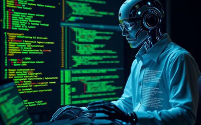 Developer coding with AI pair programmer, multiple holographic code editors with intelligent suggestions, futuristic IDE interface with emerald green and electric blue syntax highlighting, collaborative programming concept, no text no letters no words no writing